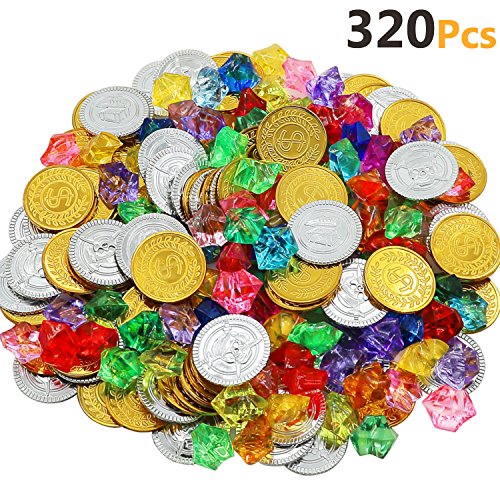 Product Cover HEHALI 320pcs Pirate Toys Gold Coins and Pirate Gems Jewelery Playset, Treasure for Pirate Party (160 Coins+160 Gems) (Gold)