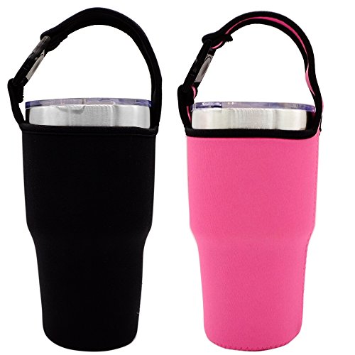 Product Cover Tumbler Carrier Holder Pouch For All 30oz Stainless Steel Travel Insulated Coffee Mug, IHUIXINHE 2 Pack Neoprene Black Sleeve Accessories with Carrying Handle, Light Hand Free Bag (Black&Pink)