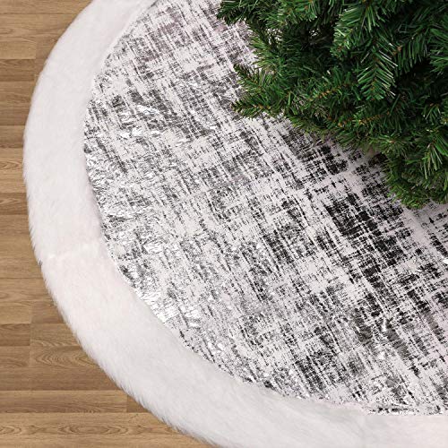 Product Cover Valery Madelyn 48 inch Frozen Winter Silver White Christmas Tree Skirt with Shimmering Silver and Faux Fur, Themed with Christmas Ornaments (Not Included)