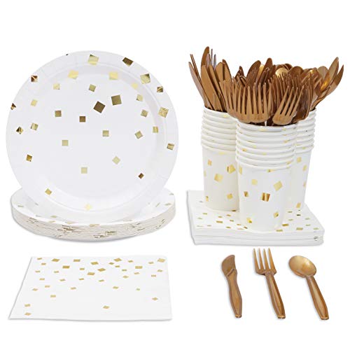 Product Cover Gold Foil and White Party Pack (24 Guests) Plates, Napkins, Cups, Forks, Spoons, Knives