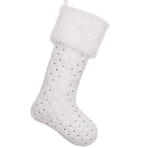 Product Cover Valery Madelyn 21 inch Frozen Winter Silver White Christmas Stockings with Sequins and Faux Fur Cuff, Themed with Tree Skirt (Not Included)
