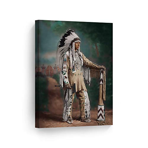 Product Cover SmileArtDesign Indian Wall Art Portrait of a Native American Canvas Print Home Decor Decorative Artwork Gallery Wrapped Wood Stretched and Ready to Hang -%100 Handmade in The USA - 12x8