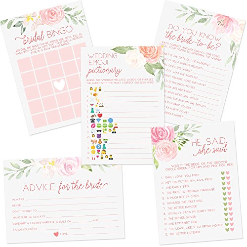 Product Cover Floral Bridal Shower Games, Set of 5 Games, 50 Sheets Each, Bridal Shower Games and Wedding Anniversary Activities, Includes Marriage Advice Cards and Emoji Game, 5 x 7 Inches