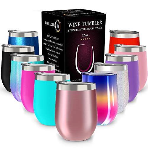 Product Cover CHILLOUT LIFE Stainless Steel Stemless Wine Glass Tumbler with Lid, 12 oz | Double Wall Vacuum Insulated Travel Tumbler Cup for Coffee, Wine, Cocktails, Ice Cream - Rose Gold Wine Tumbler