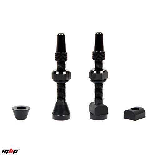Product Cover MBP Alloy Tubeless 40mm Bicycle Presta Valve Stems Fits Most Rims with 2 Types of Grommets Included for Each stem.