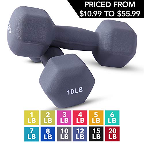 Product Cover Neoprene Dumbbell Pairs by Day 1 Fitness - 10 Pounds - Non-Slip, Hexagon Shape, Color Coded, Easy To Read Hand Weights for Muscle Toning, Strength Building, Weight Loss