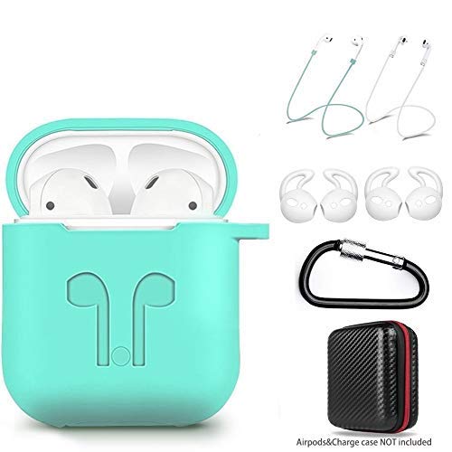 Product Cover AirPods Case 7 in 1 Airpods Accessories Kits Protective Silicone Cover and Skin for Apple Airpods Charging Case with Airpods Ear Hook Airpods Staps/Airpods Clips/Skin/Tips/Keychain Green by Amasing