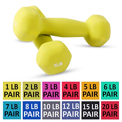 Product Cover Day 1 Fitness Neoprene Dumbbells - Non-Slip, Hexagon Shape, Color Coded, Easy to Read - Hand Weights for Muscle Toning, Strength Building, Weight Loss, Cardiovascular Health - 1 lb, Set of 2