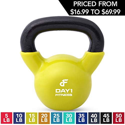 Product Cover Kettlebell Weights Vinyl Coated Iron by Day 1 Fitness- 15 Pounds - Coated For Floor and Equipment Protection, Noise Reduction - Free Weights For Ballistic, Core, Weight Training