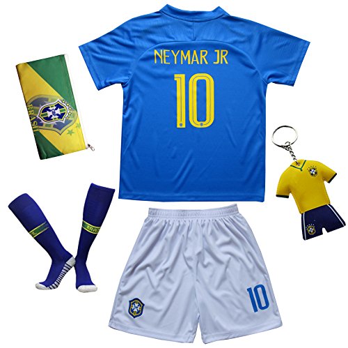 Product Cover KID BOX Brazil Neymar JR #10 Away Blue Football Soccer Kids Jersey Short Socks Set Youth Sizes
