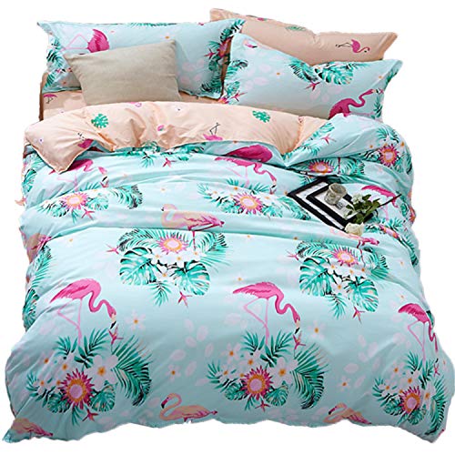 Product Cover LAMEJOR Duvet Cover Set Queen Size Tropics Flamingo/Floral Pattern Luxury Soft Bedding Set Comforter Cover (1 Duvet Cover+2 Pillowcases) Pale Green/Pale Orange