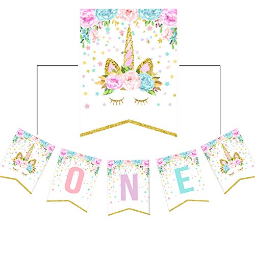 Product Cover Little Girls' 1st Birthday Party Rainbow Unicorn High Chair Decoration ONE Banner Garland Party Supplies 37