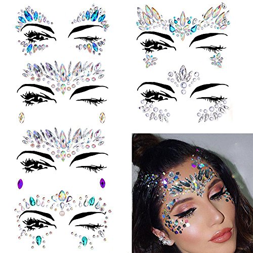 Product Cover Face Gems, Ynredee 6 Set Women Mermaid Rave Festival Glitter, Rhinestone Temporary Tattoo Face Jewels Crystals Face Stickers Eyebrow Face Body Jewelry