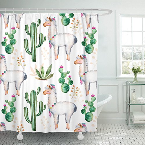 Product Cover TOMPOP Shower Curtain High Hand Watercolor Cactus Plants Flowers and Lama Waterproof Polyester Fabric 72 x 72 Inches Set with Hooks