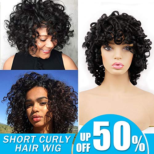 Product Cover Short Afro Curly Synthetic Hair Wigs for Black Women Andromeda Soft Fluffy Big Curls Hair Wig Natural Black Loose Curly African American Costume Cosplay Cheap Half Wigs + 1 Free Wig Cap