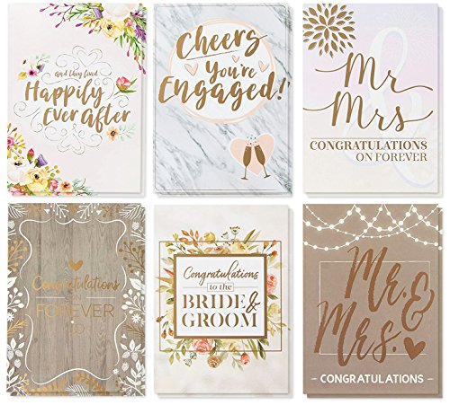 Product Cover Wedding Greeting Cards - 36-Pack, 6 Rustic Designs Bulk Greeting Cards and Envelopes for Wedding, Engagement, Bridal Shower, Congratulations to Newlywed, Bride and Groom, Mr. and Mrs, 5 x 7 Inches