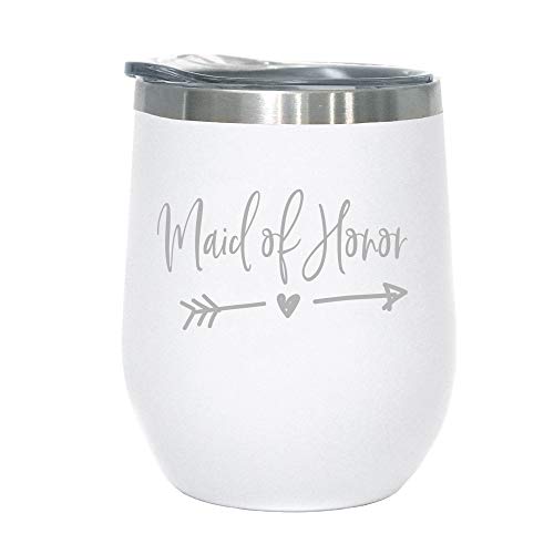 Product Cover Maid Of Honor Gift -12 oz Stainless Steel Wine Tumbler with Lid (white/silver)