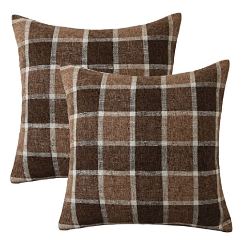 Product Cover Home Brilliant Outdoor Decorative Throw Pillow Covers for Sofa Bench Couch Cotton Linen Checker Plaids Cushion Covers, Set of 2, 18 x 18 inches(45x45 cm), Chocolate Bar