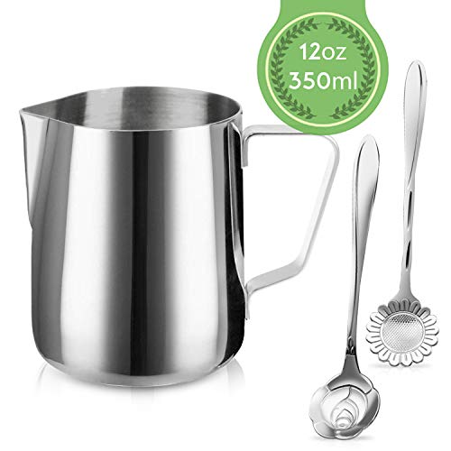 Product Cover Milk Frothing Pitcher Jug - 12oz/350ML Stainless Steel Coffee Tools Cup - Suitable for Espresso, Latte Art and Frothing Milk, Attached Dessert Coffee Spoons
