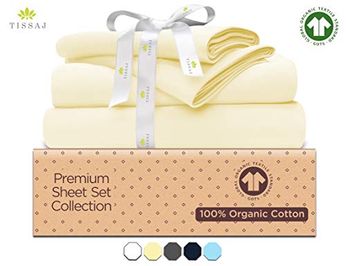 Product Cover 500-Thread-Count Organic Cotton Bed Sheets-Set - 500TC Queen Size Natural - 4 Piece Bedding - 100% GOTS Certified Extra Long Staple, Soft Sateen Weave Finish Bedsheets - Fits 15