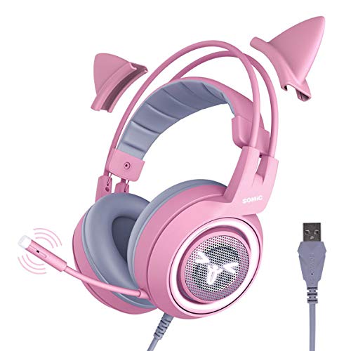 Product Cover SOMIC G951pink Gaming Headset for PC, PS4, Laptop: 7.1 Virtual Surround Sound Detachable Cat Ear Headphones LED, USB, Lightweight Self-Adjusting Over Ear Headphones for Girlfriend Women