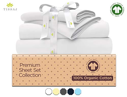 Product Cover Organic Cotton Bed Sheets Set - 500TC Queen Size Ultra White - 4 Piece Bedding - 100% GOTS Certified Extra Long Staple, Soft Sateen Weave Bedsheets - Fits 15