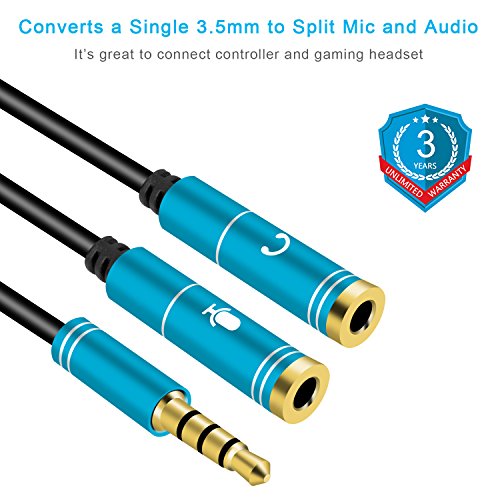 Product Cover Mic Audio Splitter, Headphones Splitter, Headset Mic Adapter, Headphone and Mic Splitter for Gaming Headset, PS4, Xbox One, Laptop, Windows, Linux, BlackBerry, Andriod (Blue)