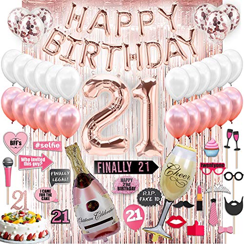 Product Cover 21st BIRTHDAY DECORATIONS WITH PHOTO PROPS | 21 Birthday Party Supplies | 21 Cake Topper Rose Gold Banner | Rose Gold Confetti Balloons for her |Finally Legal 21 |Silver Curtain Photo booth backdrop