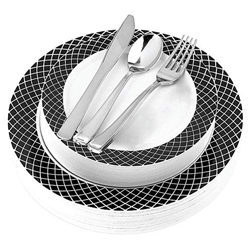 Product Cover Black and White Plastic Dinnerware (125-Piece) Plastic Plates, Plastic Forks, Plastic Knives, Plastic Spoons - Service for 25 Guests Place Setting for Wedding, Party, Baby Shower, Birthday, Holiday
