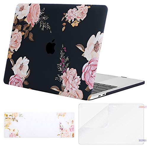 Product Cover MOSISO MacBook Pro 13 inch Case 2019 2018 2017 2016 Release A2159 A1989 A1706 A1708, Plastic Flower Pattern Hard Case&Keyboard Cover&Screen Protector Compatible with MacBook Pro 13, Peony Black Base