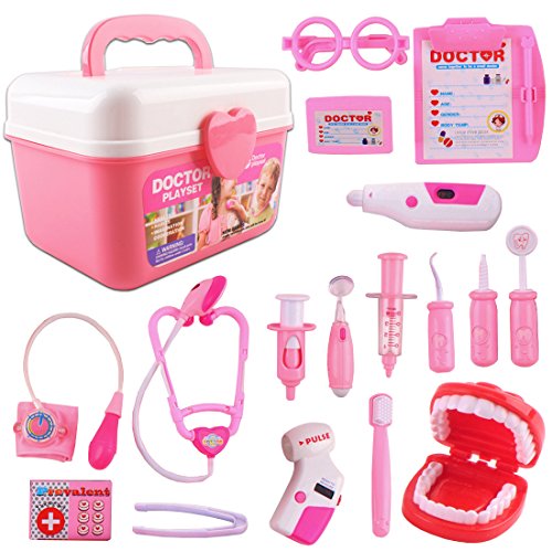 Product Cover deAO Doctor and Dentist Carrycase Playset 2in1 Children's Doctor & Nurse Pretend Play 17 Accessories Included Lights and Sounds (Pink)