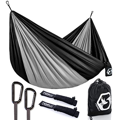 Product Cover Foxelli Camping Hammock - Lightweight Parachute Nylon Portable Hammock with Tree Ropes and Carabiners, Perfect for Outdoors, Backpacking, Hiking, Camping, Travel, Beach, Backyard & Garden