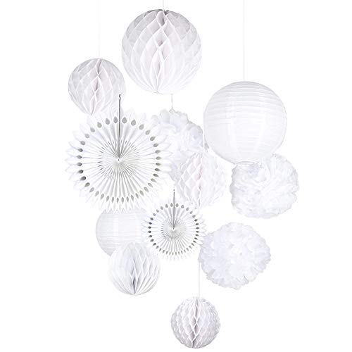 Product Cover Tissue Paper Honeycomb Balls Hanging Pom Poms Paper Cutout Fans for Wedding Birthday Nursery Party Decoration, White Color Mix Sizes, 12 Pieces Easy Joy