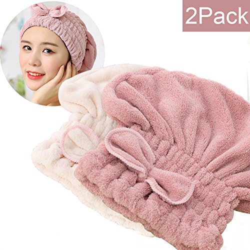 Product Cover SweetCat  2PC Microfiber Hair Drying Caps, Extrame Soft & Ultra Absorbent, Fast Drying Hair Turban Wrap Towels Thick Fluffy Shower Cap for Girls and Women (Pink+Beige)