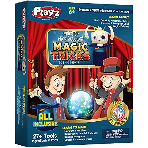 Product Cover Playz Unlimited Magic Tricks Set for Kids with Science Experiments to Create Dancing Holograms, Levitating Bead Shows, Disappearing Coin & Infinity Box, & Optical Illusions for Boys & Girls Ages 6+