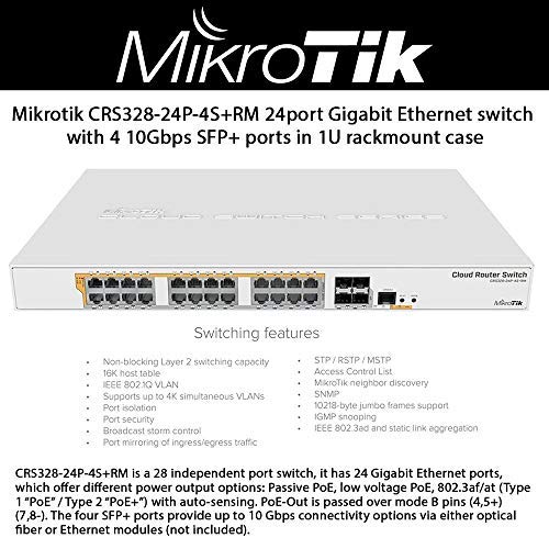 Product Cover Mikrotik CRS328-24P-4S+RM 24 Port Gigabit Ethernet Router/Switch with Four 10Gbps SFP+ Ports in 1U rackmount case, Dual Boot and PoE Output, 500W
