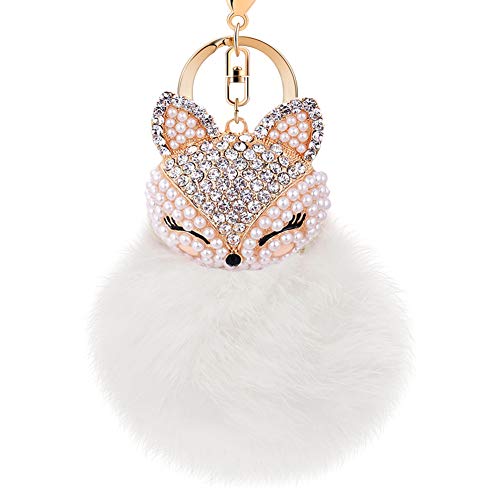 Product Cover Boseen Genuine Rabbit Fur Ball Pom Pom Keychain with A fashion Alloy Fox Head Studded with Synthetic Diamonds(Rhinestone) for Womens Bag Cellphone Car Charm Pendant Decoration(White style 3)