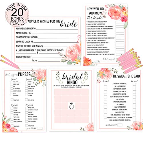 Product Cover Bridal Shower Game Bundle - 5 Floral Vintage Themed Games - 50 Sheets each 5x7 - Bonus 20 Pink Pencils