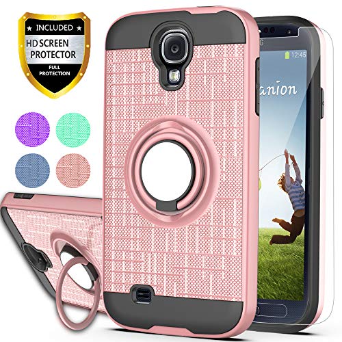 Product Cover S4 Case,Galaxy S4 Case with HD Phone Screen Protector,Ymhxcy 360 Degree Rotating Ring & Bracket Dual Layer Resistant Back Cover for Samsung Galaxy S4-ZH Rose Gold