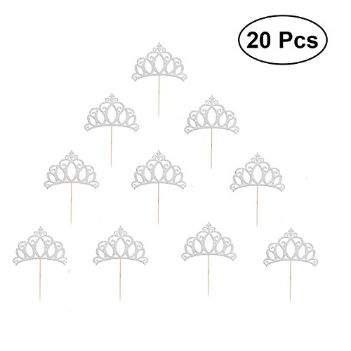 Product Cover JANOU Tiara Silver Glitter Cake Topper Cupcake Picks Crown Cake Decoration for Wedding Birthday Baby Shower Party Pack 20pcs