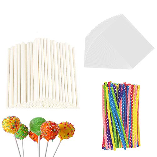 Product Cover 300 Pieces Lollipop Set, 100PCS Parcel Bags + 100 Pieces Treat Sticks + 100 Pieces Colorful Metallic Wire for Lollipops Candies Chocolates and Cookies