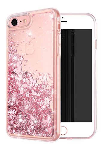 Product Cover iPhone 7 Case,iPhone 8 Case, WORLDMOM Double Layer Design Bling Flowing Liquid Floating Sparkle Colorful Glitter Waterfall TPU Protective Phone Case for iPhone 7 (2016) / iPhone 8 (2107), Rose Gold