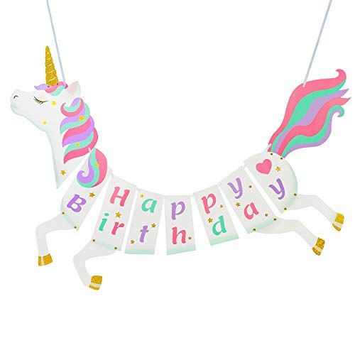 Product Cover Party Unicorn Happy Birthday Banner - Supplies Decorations Magical Pastel Design with Sparkle Gold Glitter New for 2018, Cute, Glossy