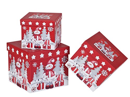 Product Cover 3 Piece Christmas Nesting Gift Boxes; Elegant and Fun Snowman Designs Nested Hard Christmas Boxes Perfect for Wrapping Presents or Xmas Decor (Red)
