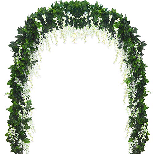 Product Cover 5 Strands 32.8 ft Artificial Silk Wisteria Vine Ratta Ivy Garland Wisteria Artificial Flowers Hanging Plants Vines Faux Greenery Fake Green Leaf Garland for Wedding Kitchen Home Party Decor (White)