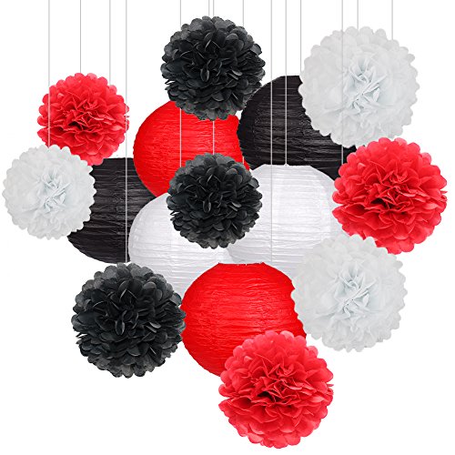 Product Cover 15Pcs Party Pack Paper Lanterns and Pom Pom Balls Hanging Decoration for Halloween Wedding Birthday Baby Shower-Black/Red/White