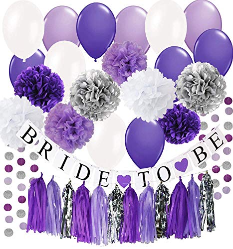 Product Cover Bridal Shower Decorations Purple White Silver Tissue Pom Pom Bride to Be Banner Purple White Ballons Circle Garland for Bachelorette Party Decorations/Engagement Party /Wedding Shower /Hen Party