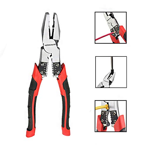 Product Cover Lineman's Pliers, Combination Pliers with Wire Stripper/Crimper/Cutter Function, Heavy Duty Side Cutting High-Leverage Plier, 8 inch NEWACALOX Red