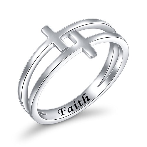 Product Cover Inspirational Jewelry Sterling Silver Engraved Faith Double Cross Ring Christian Fashion Band Ring for Women Mother, Size 6-8