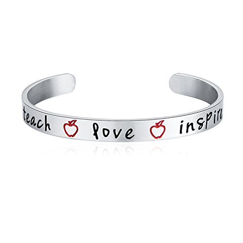 Product Cover Teacher Appreciation Gift - Stainless Steel Teach Love Inspire Cuff Bangle Bracelet for Women, Jewelry for Teachers, Birthday Gifts for Teachers, Thank You for Helping Me Grow Gift